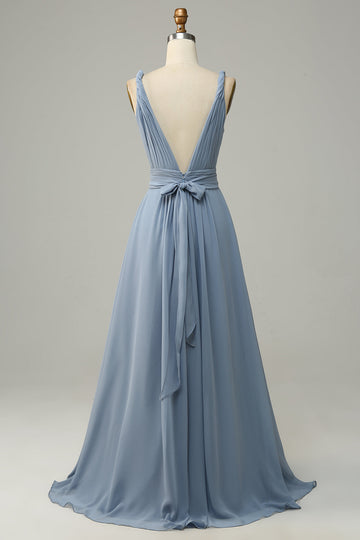 Robe de demoiselle d'honneur longue bleu poussiéreux à col en V profond